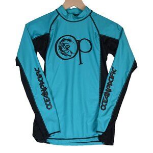 OP Ocean Pacific Surf Shirt Retro S Teal Black Long Sleeve Rashguard Swim Top